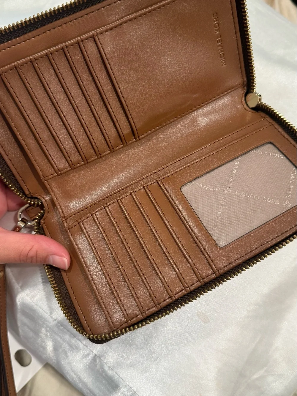 Michael Kors Dark Brown Signature Zip Wallet with Gold Hardware